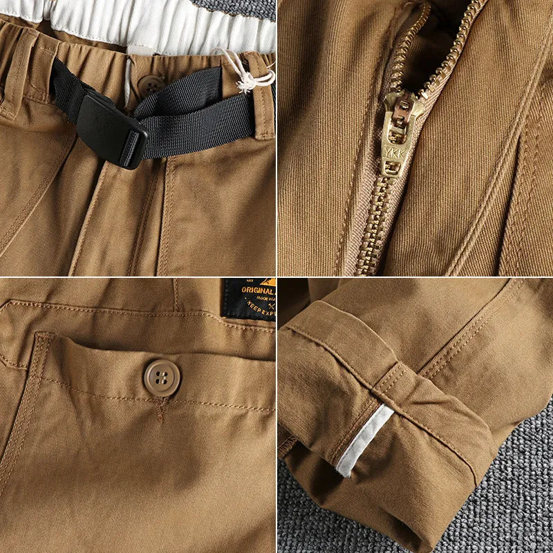 Men's cotton work trousers with N I buckle belt in khaki and dark blue colours