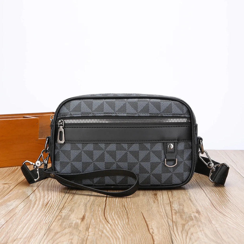 Men's geometric pattern PU leather messenger bag in horizontal handheld design with large capacity