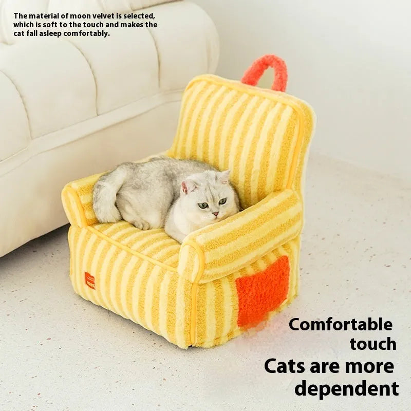Striped soft velvet pet bed with removable cover in orange, purple, or yellow colour options.