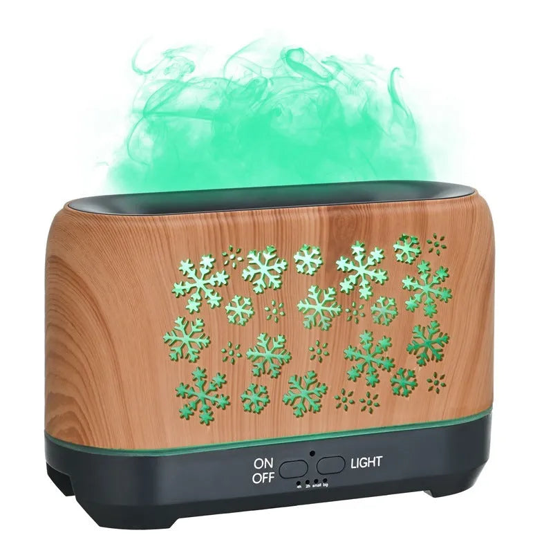 Colourful snowflake wood grain aromatherapy humidifier with flame effect lighting on a desktop