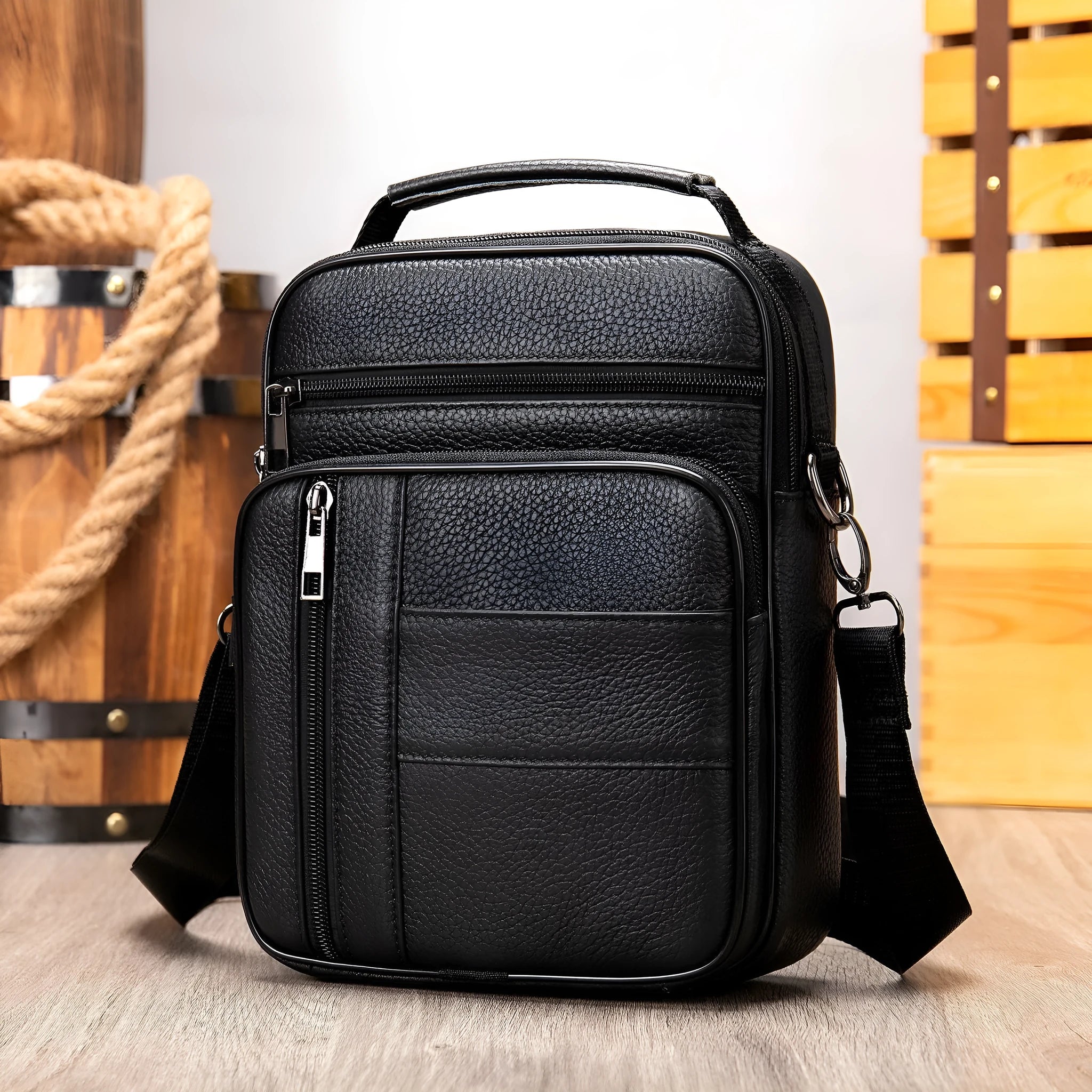Genuine leather vintage men's shoulder bag in a vertical square shape, showing internal organiser pockets.