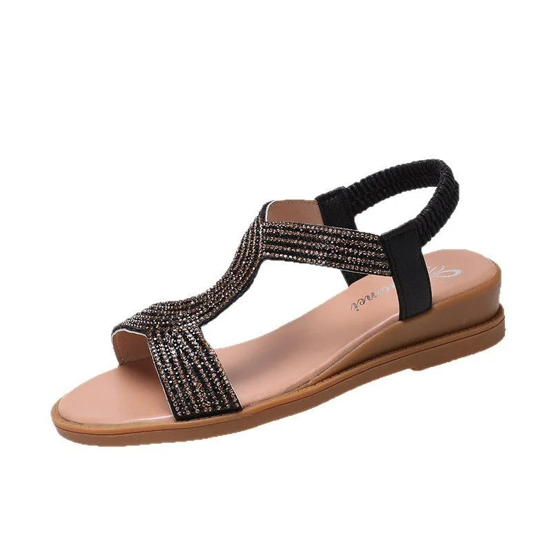 Women's patent leather beach sandals with rhinestones in black, gold and silver colours