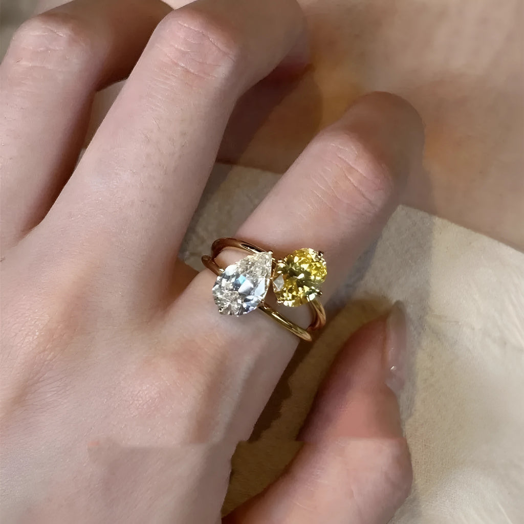Geometric open ring with water drop double Sheng stones on copper band