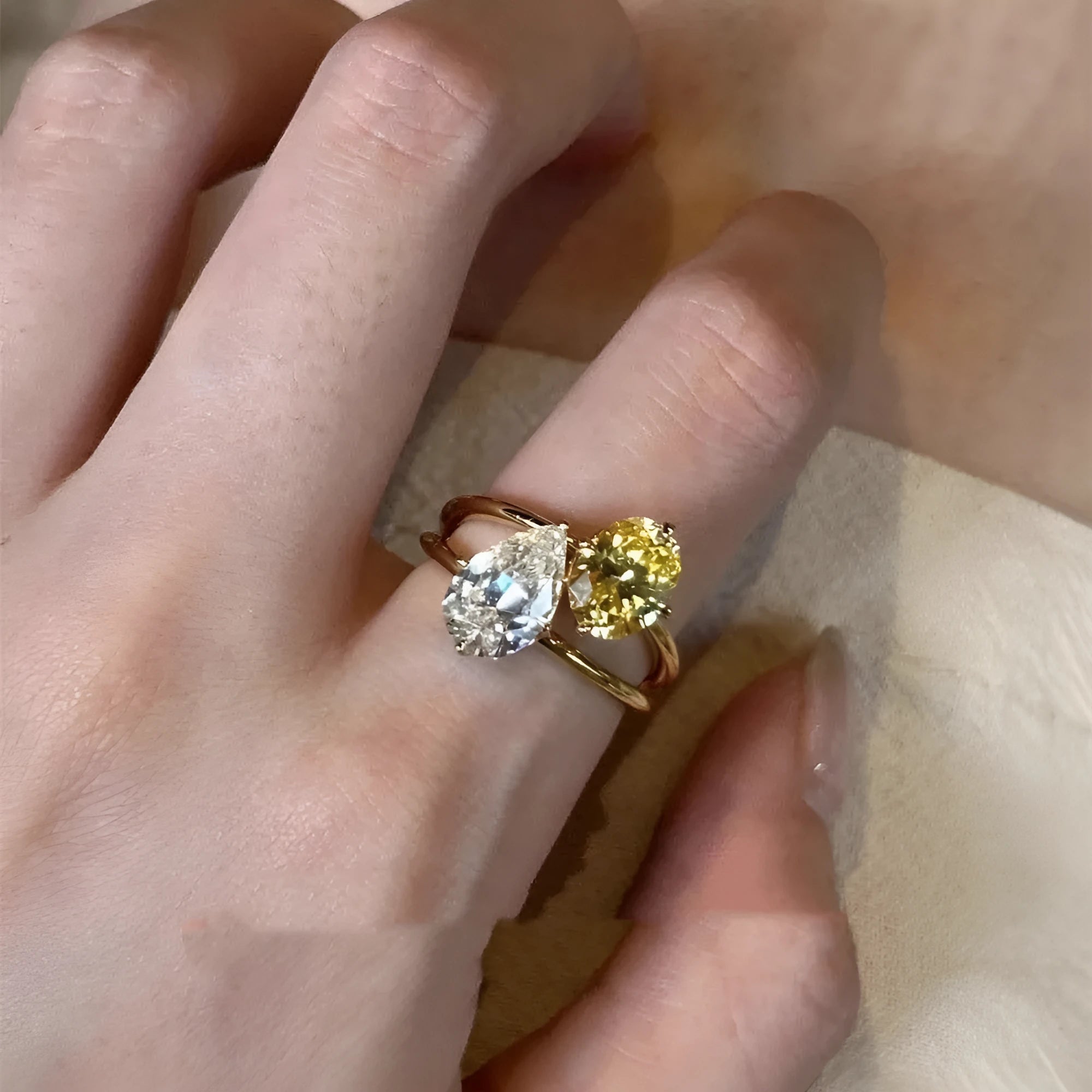 Geometric open ring with water drop double Sheng stones on copper band