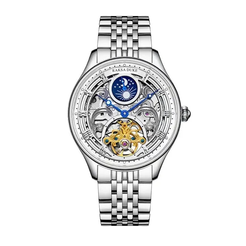 Business waterproof watch with hollow design steel case and matching steel strap, Duke Rosa colour scheme