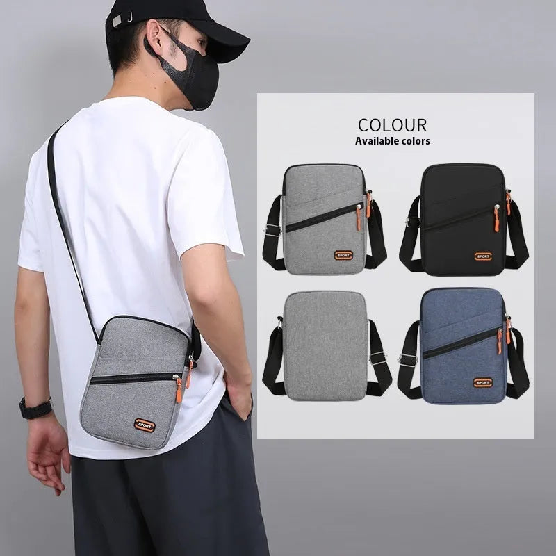 Simple solid-colour Oxford cloth crossbody commuter bag in silver grey, black, or navy blue.