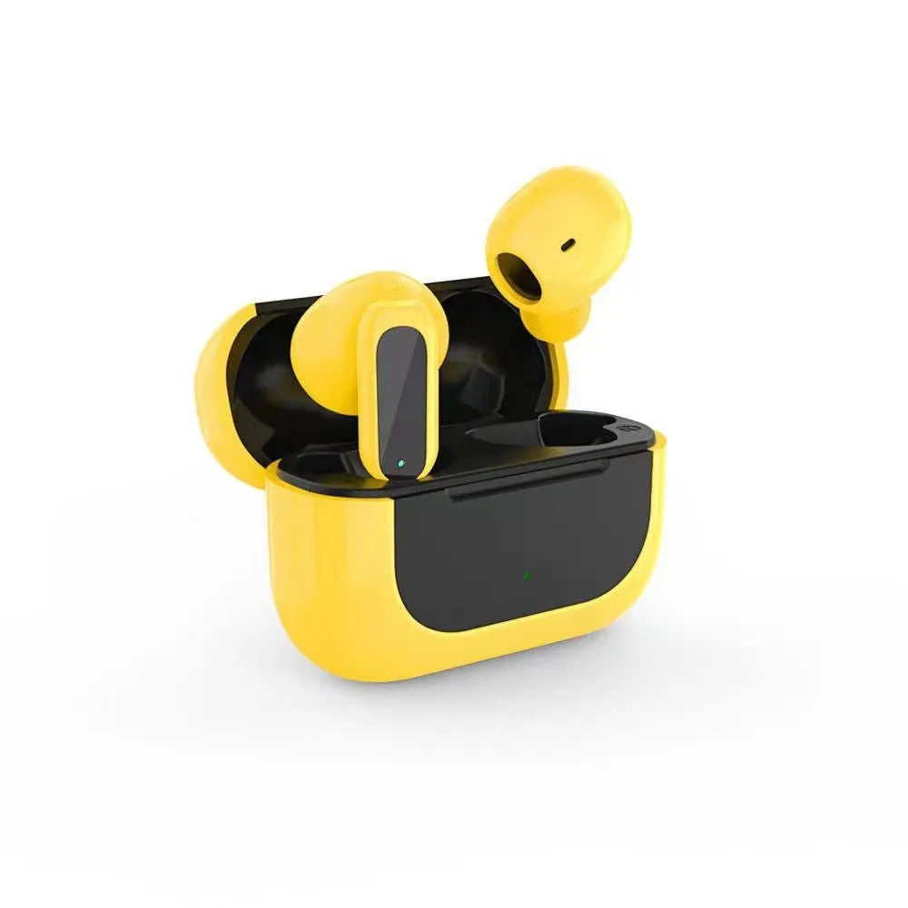 Yellow Jerry cartoon-themed wireless Bluetooth earplug headphones with a charging cable.
