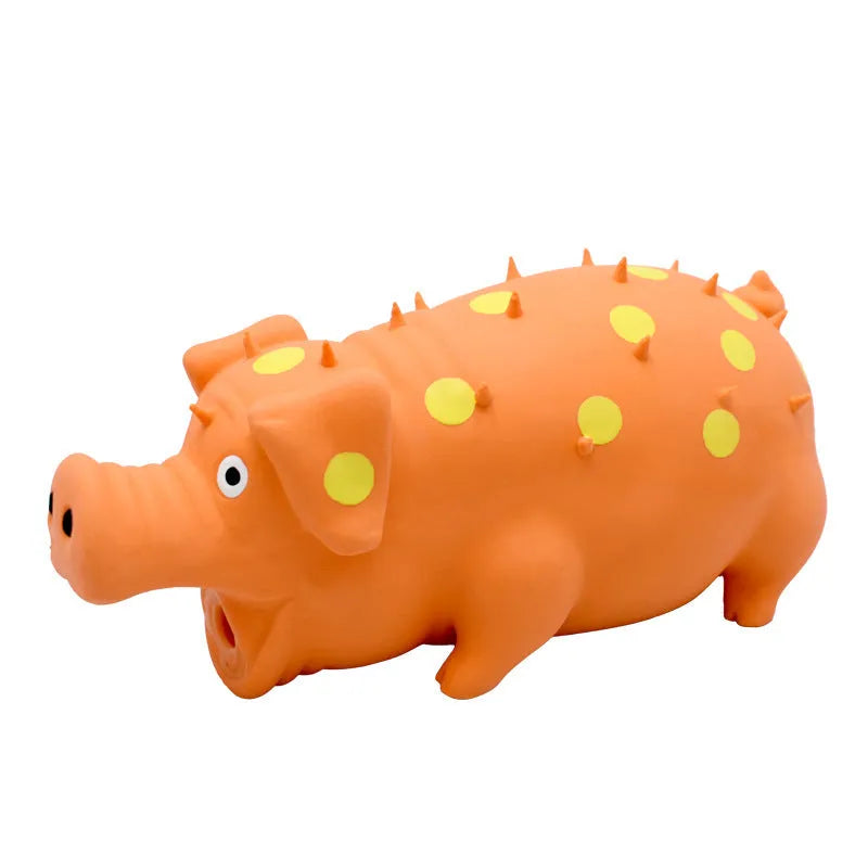 Blue latex pig-shaped dog chew toy with textured surface and squeaker for aggressive chewers