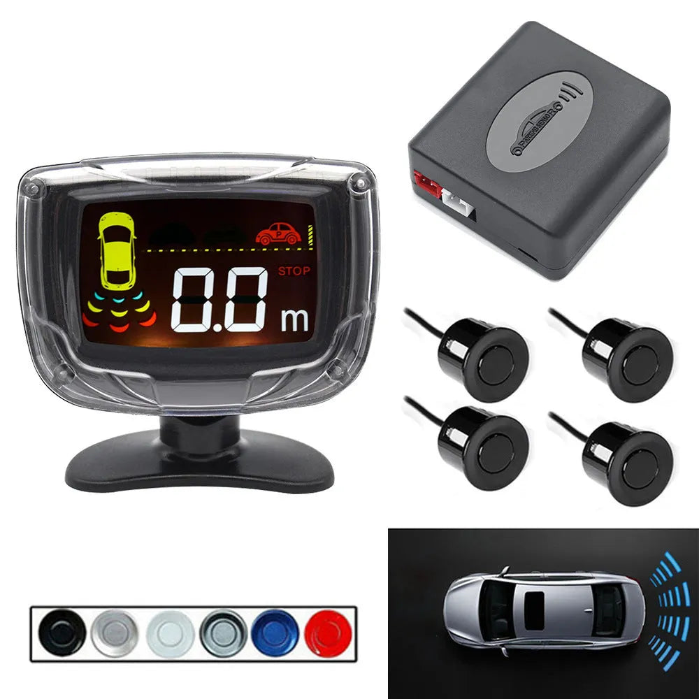 Intelligent wireless reversing sensor system with digital display, LED light bar, and four vehicle probes.