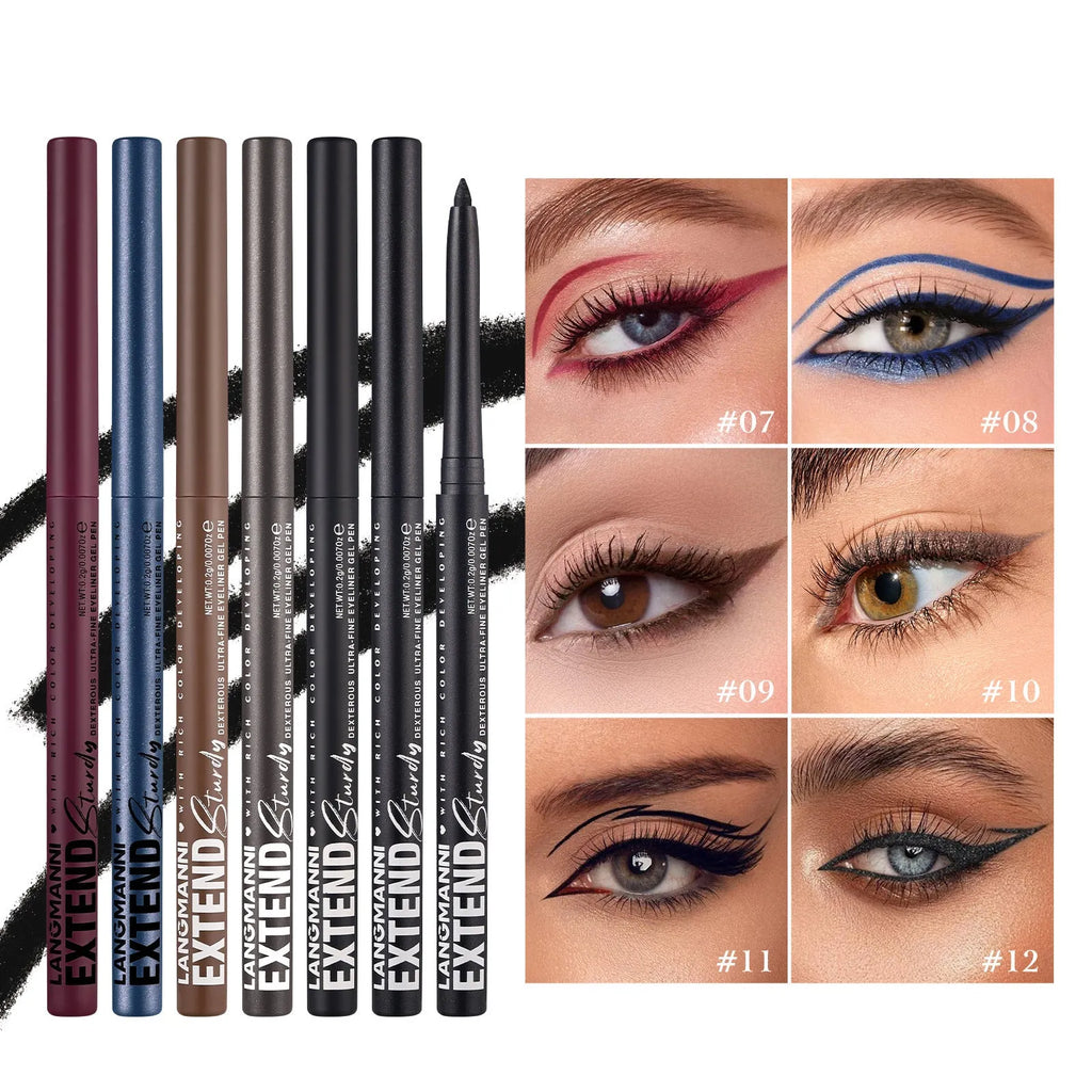 12 colourful gel eyeliner pencils in vibrant shades including glitter and metallic finishes