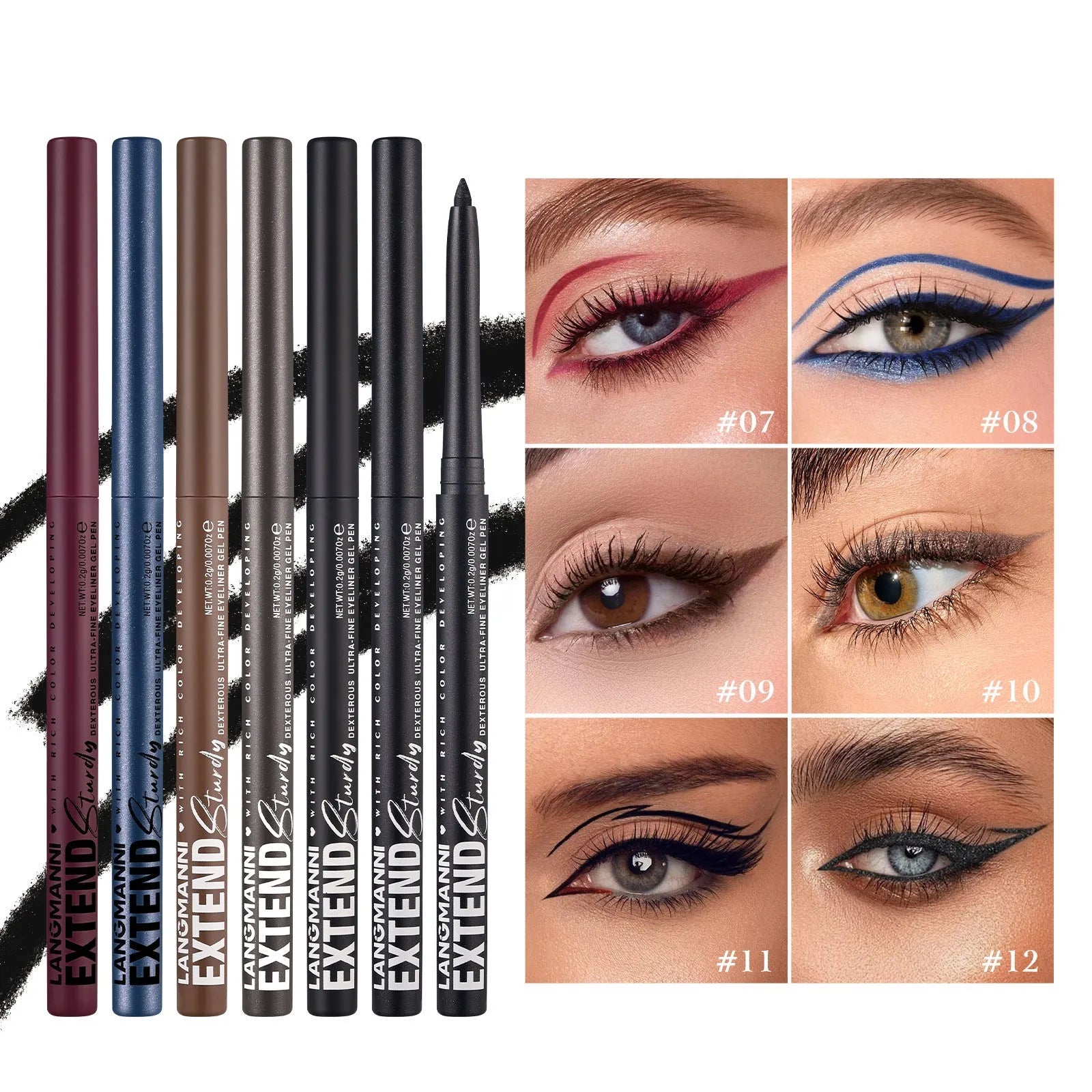 12 colourful gel eyeliner pencils in vibrant shades including glitter and metallic finishes