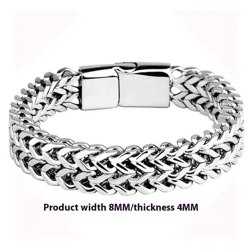 Silver geometric men's stainless steel bracelet shown in 4x8mm and 5x10mm link styles.