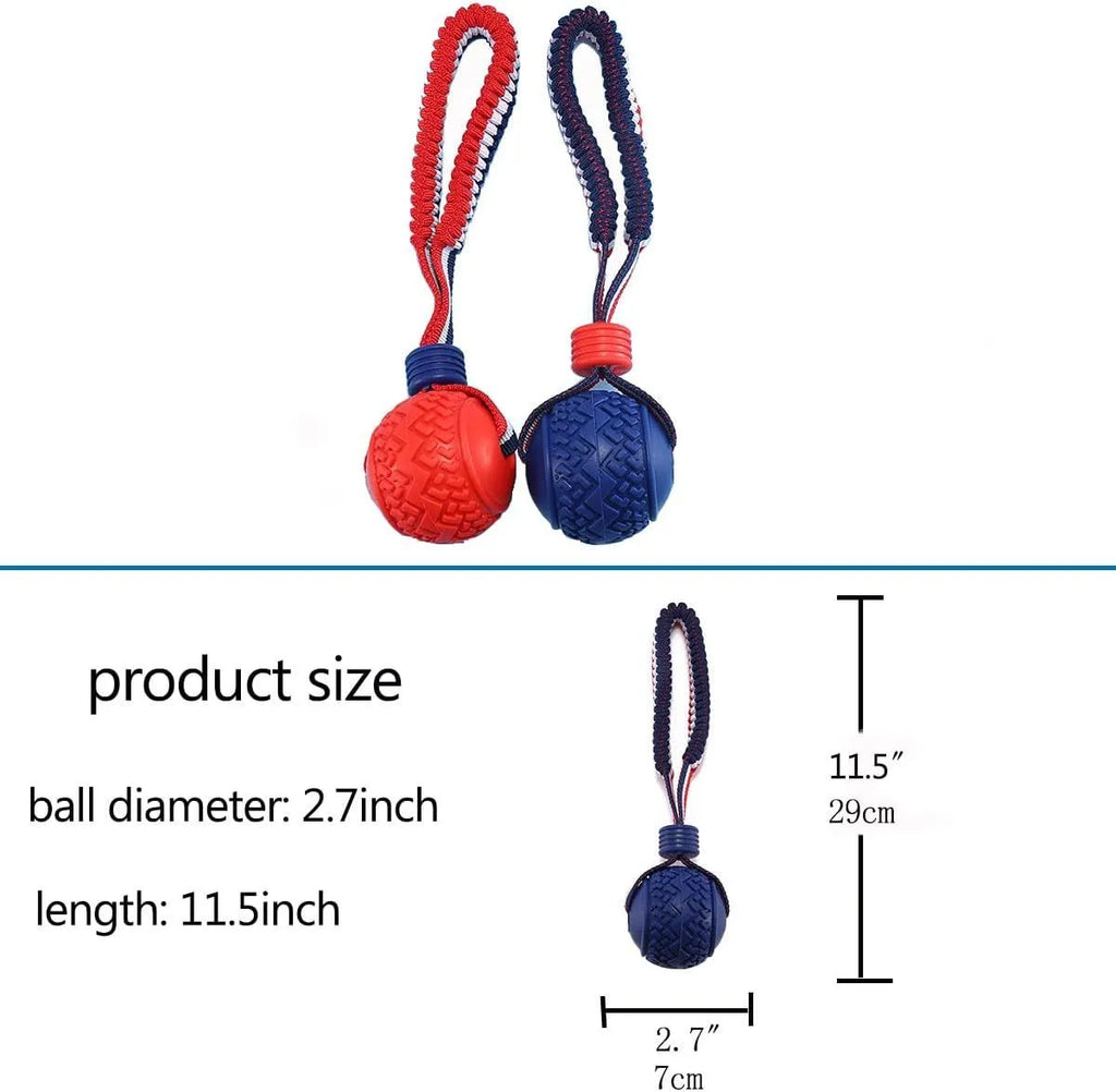 Blue dog ball with rope toy showing textured surface and 29cm length