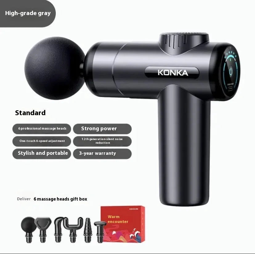 Konka professional mini electric massage gun with multiple attachment heads on a grey background