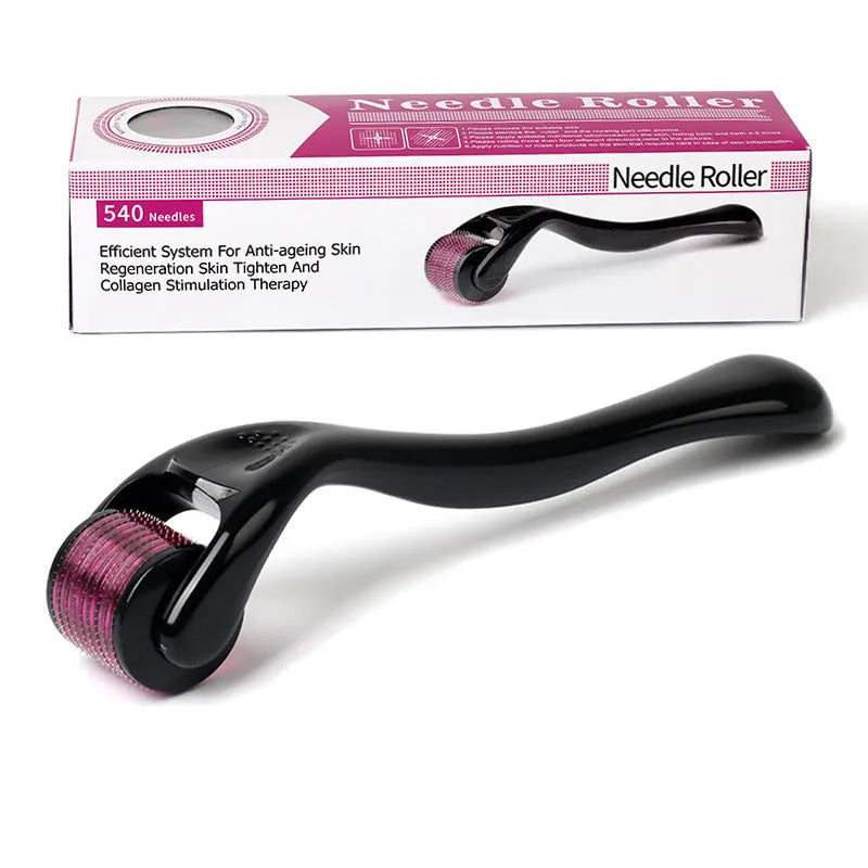 Derma roller with 540 titanium microneedles showing black and purple handle options