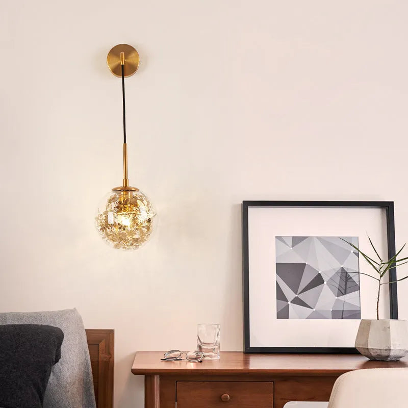 Glass shade wall lamp in golden or silver finish with 15cm or 20cm diameter for bedroom lighting