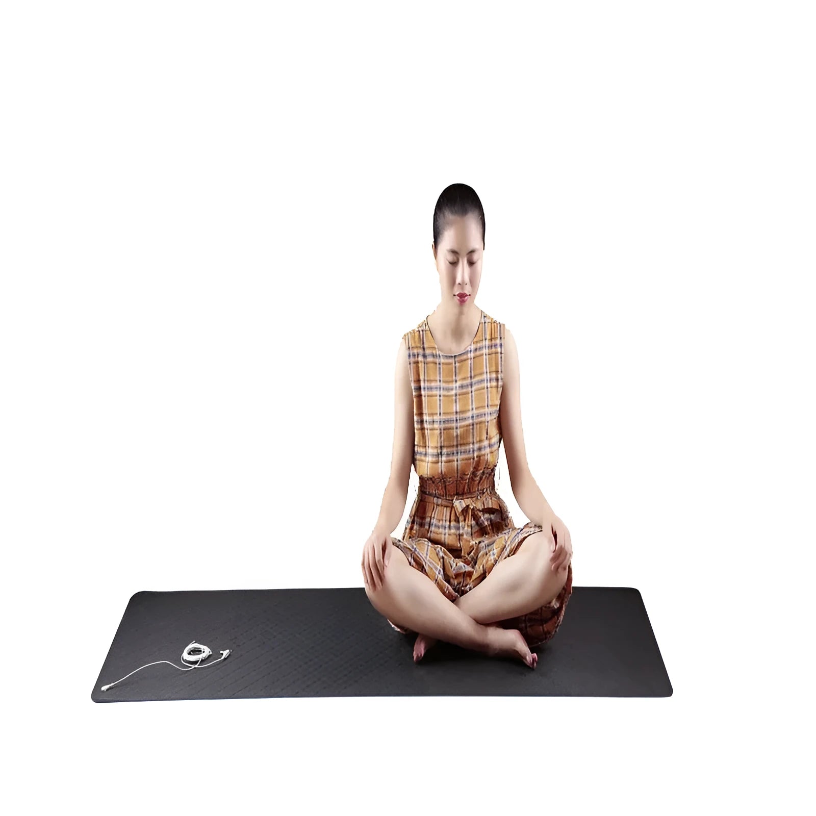 Blue conductive yoga grounding mat with plants and flowers pattern, measuring 182cm x 61cm