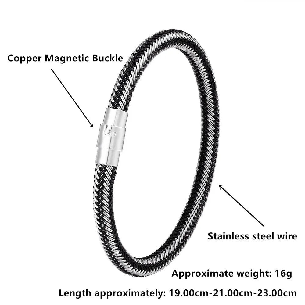 Titanium steel wire bracelet with magnetic clasp and geometric charm in unisex boyfriend style