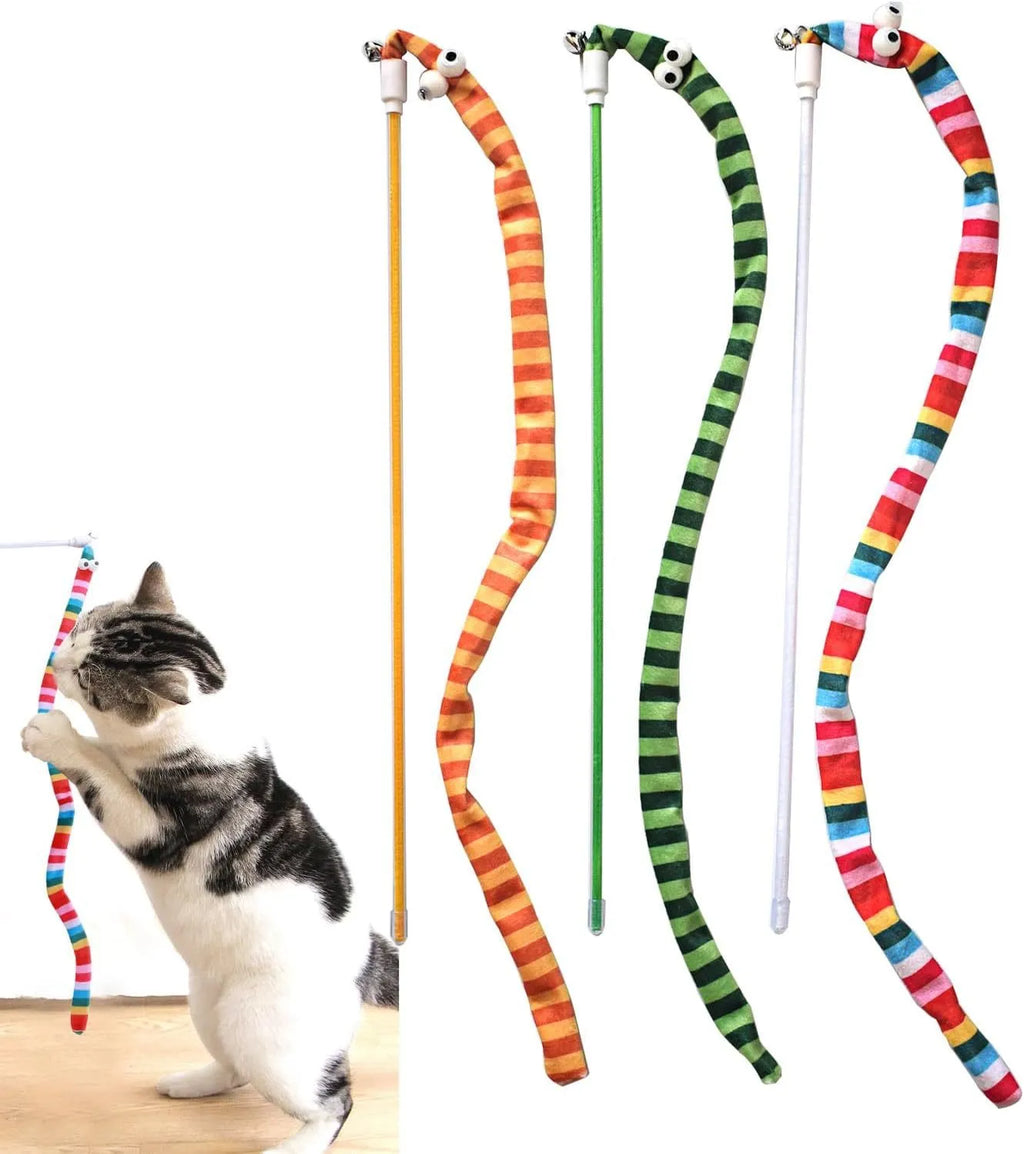 Cat wand toy with polycarbonate pole and long plush strip in vivid colours for interactive feline play