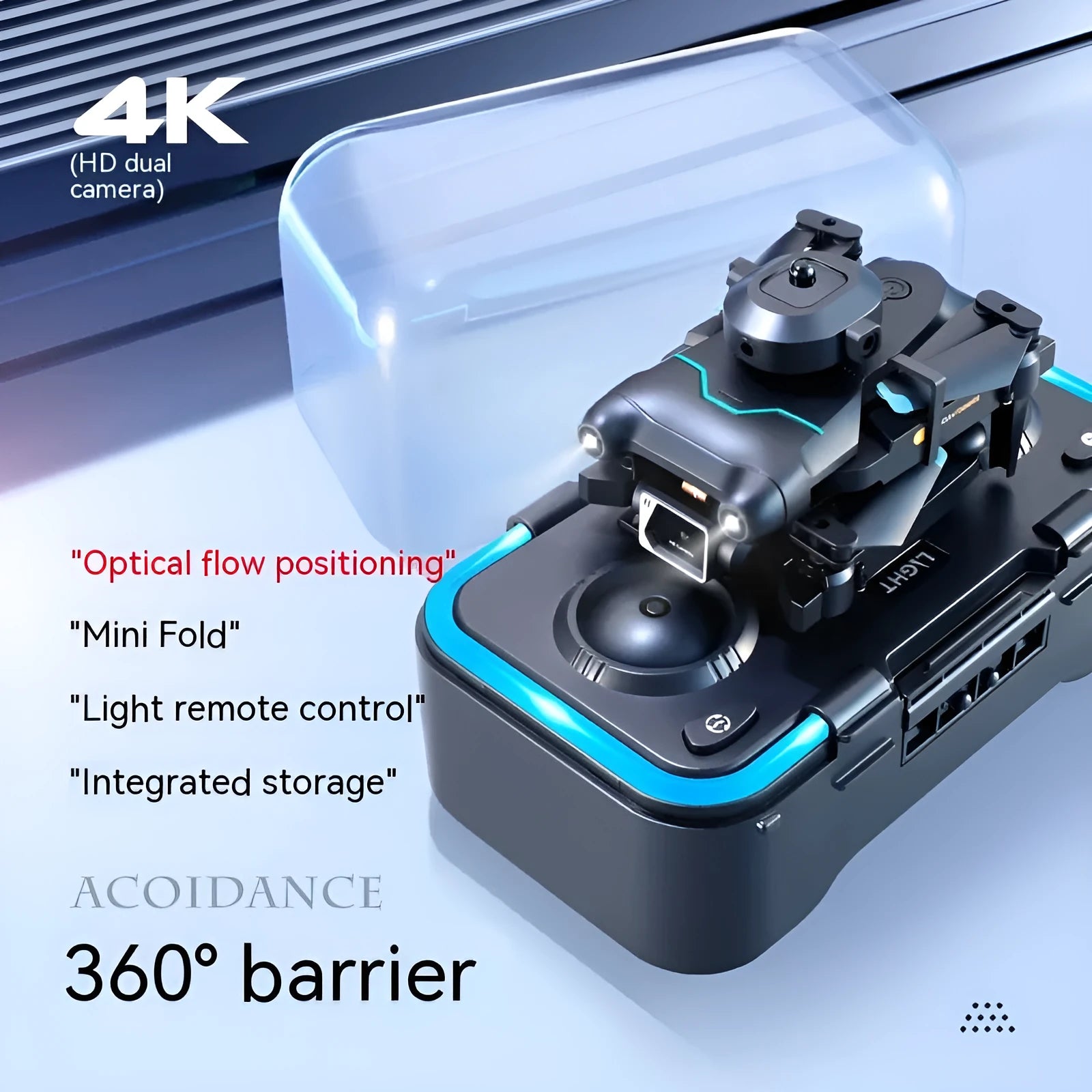 Four-axis aerial photography drone with obstacle avoidance sensors and camera, measuring under 30cm