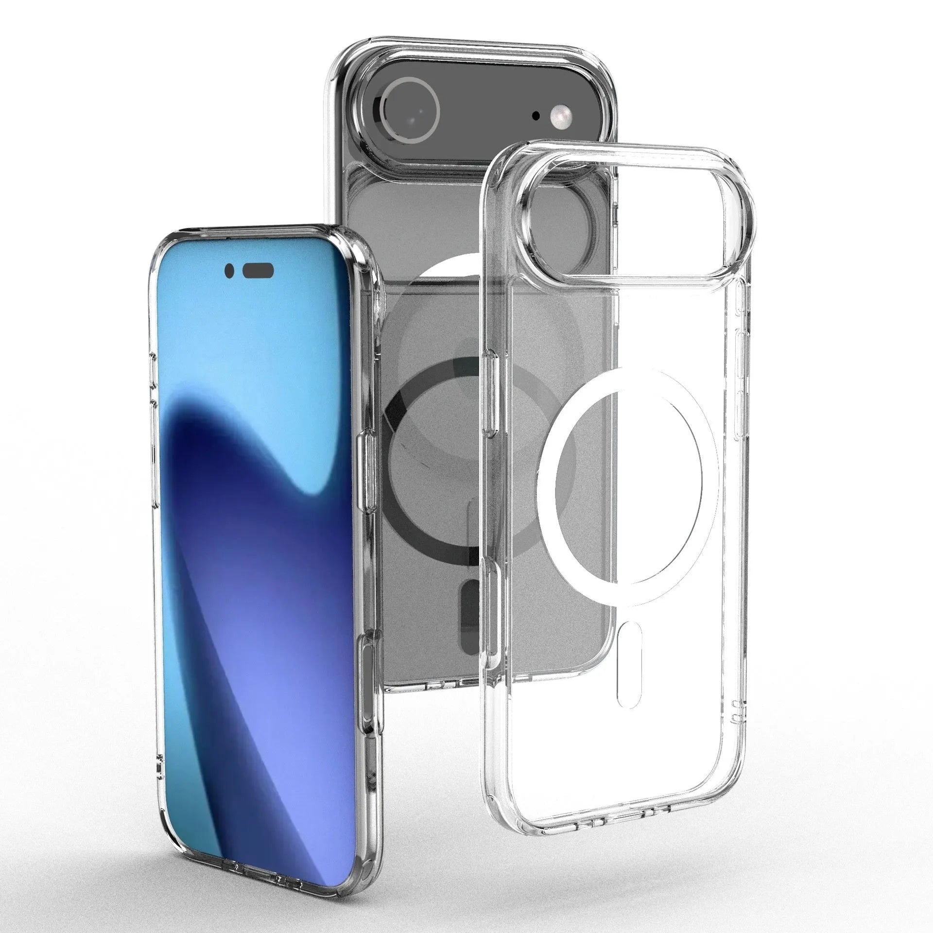 Transparent magnetic shockproof phone case for iPhone 17 AIR and iPhone 17 Pro models.