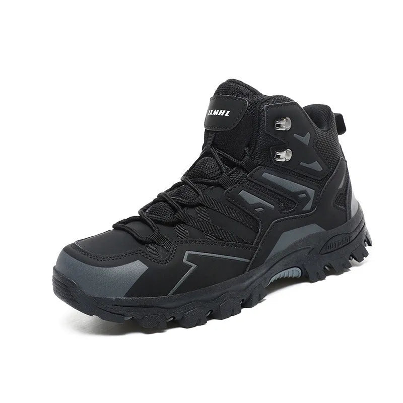 High-top hiking shoes with flannel upper and rubber soles in various colours for outdoor walking