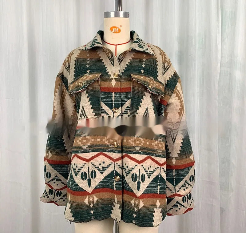 Women's loose retro-style wool coat with Aztec print in army green, shown from the front.
