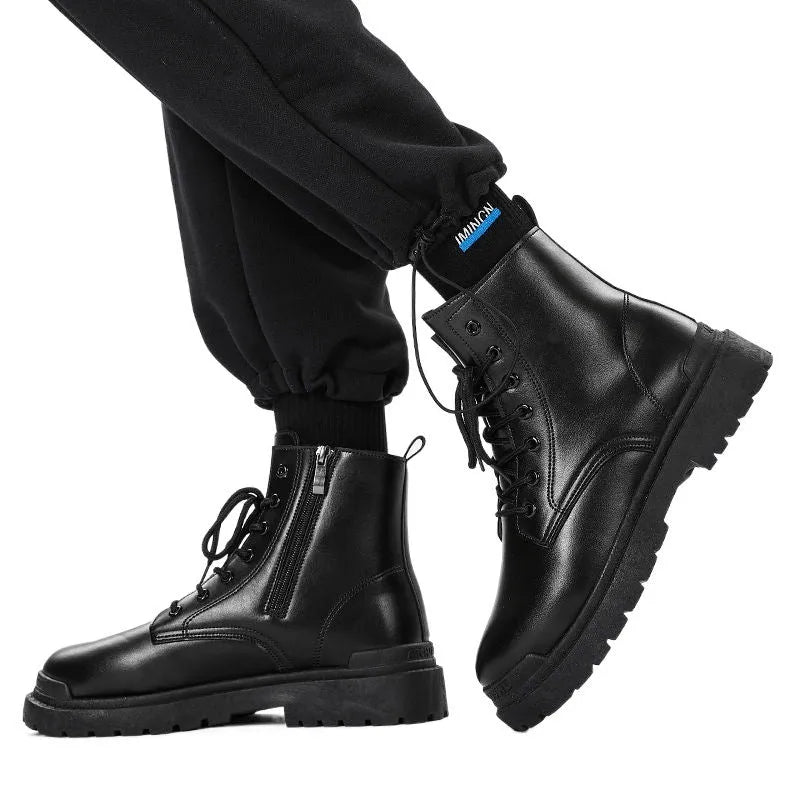 Men's black mid-top leather-style boots with rubber sole