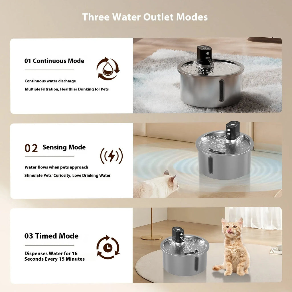 Stainless steel pet water fountain with heating base, in black or white.