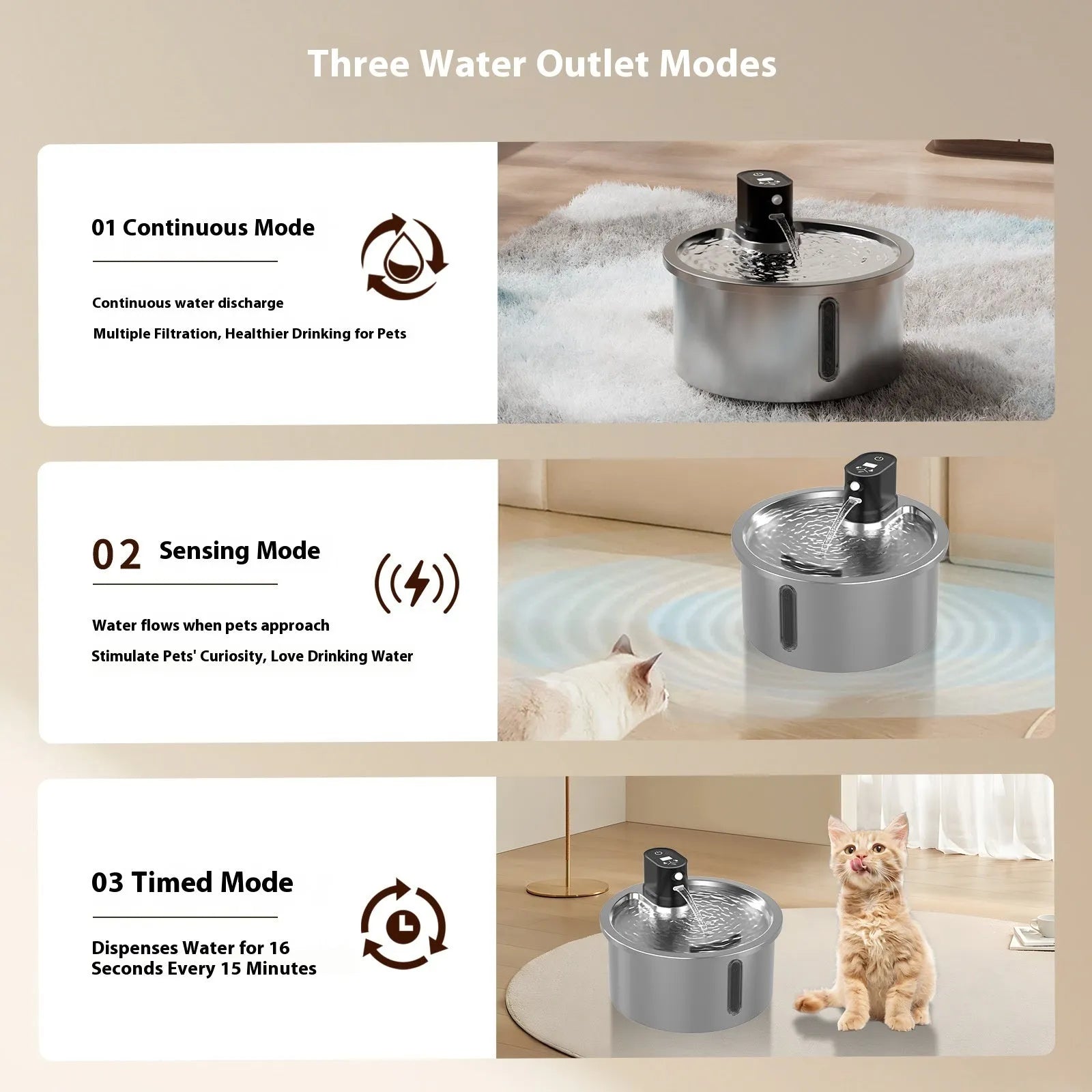 Stainless steel pet water fountain with heating base, in black or white.