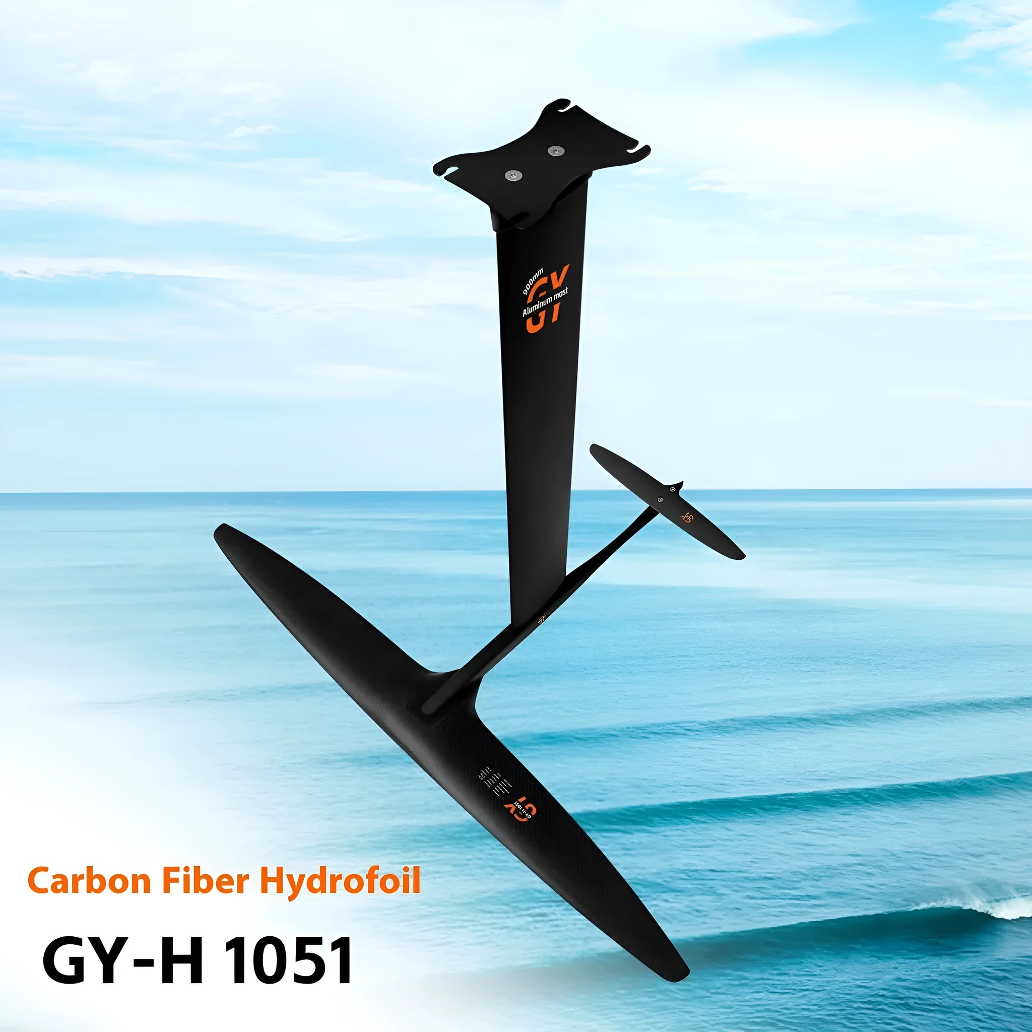Black carbon fibre and aluminium hydrofoil surfboard with a wide front wing for wave riding.