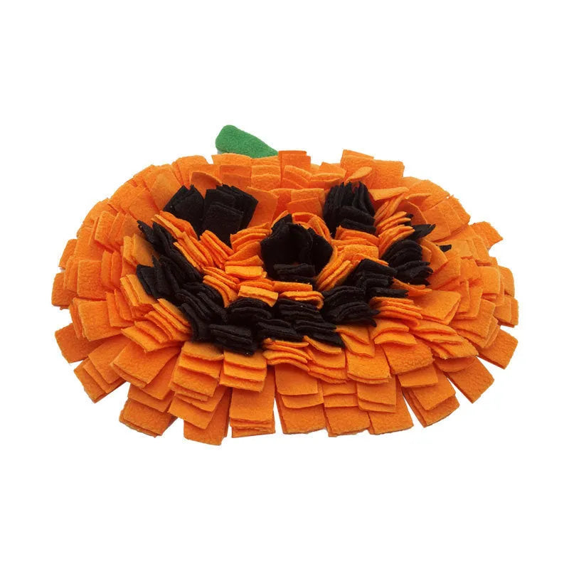 Orange polar fleece pumpkin-shaped pet smell mat for dog slow feeding and enrichment.