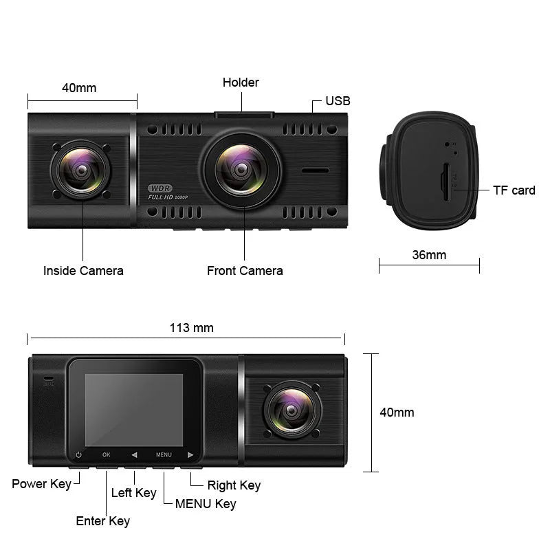 Black dashboard camera for car with 1.5-inch screen, shown with car charger and mounting stand.