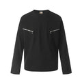 A man's loose-fit black cotton pullover T-shirt with long sleeves in a casual retro style.
