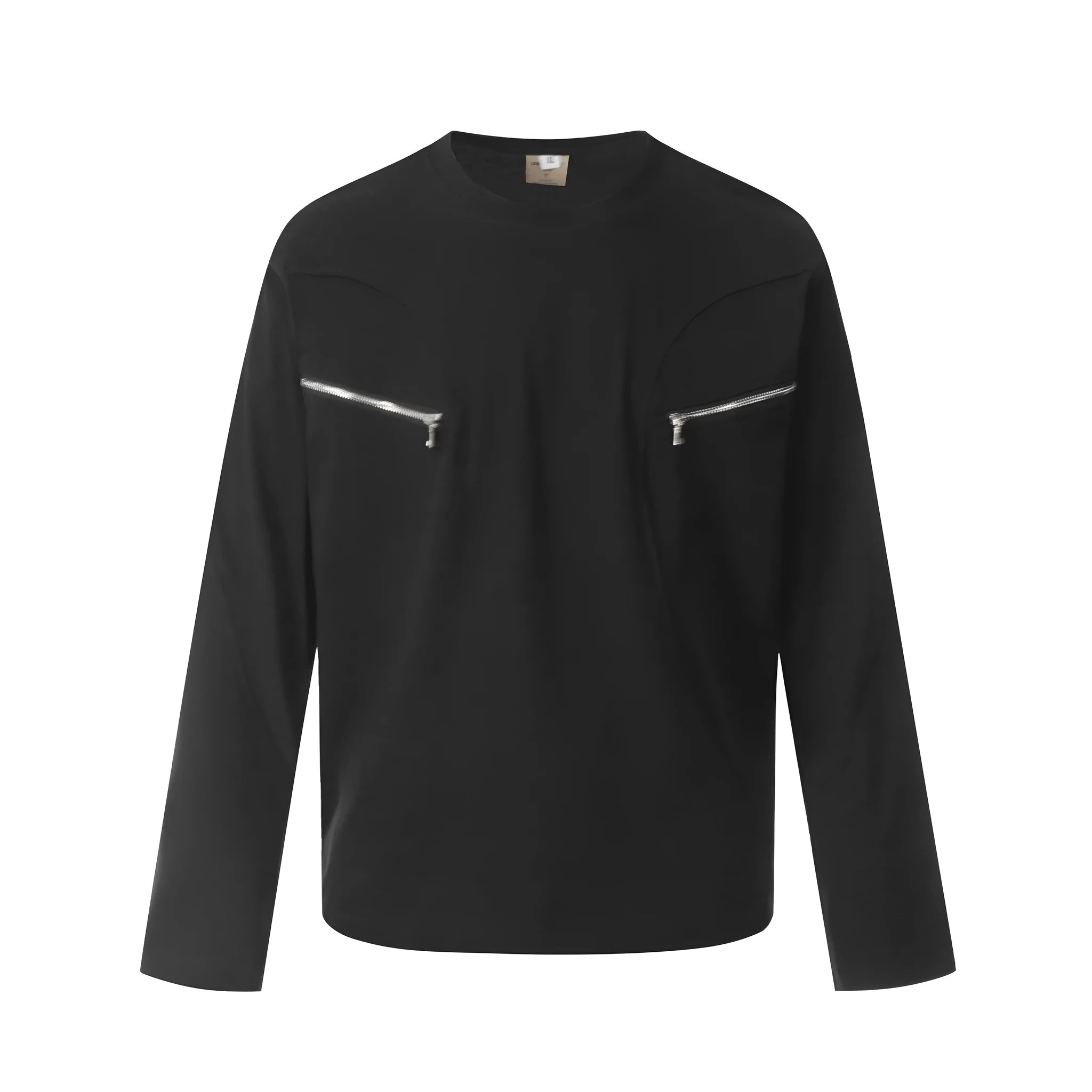 A man's loose-fit black cotton pullover T-shirt with long sleeves in a casual retro style.