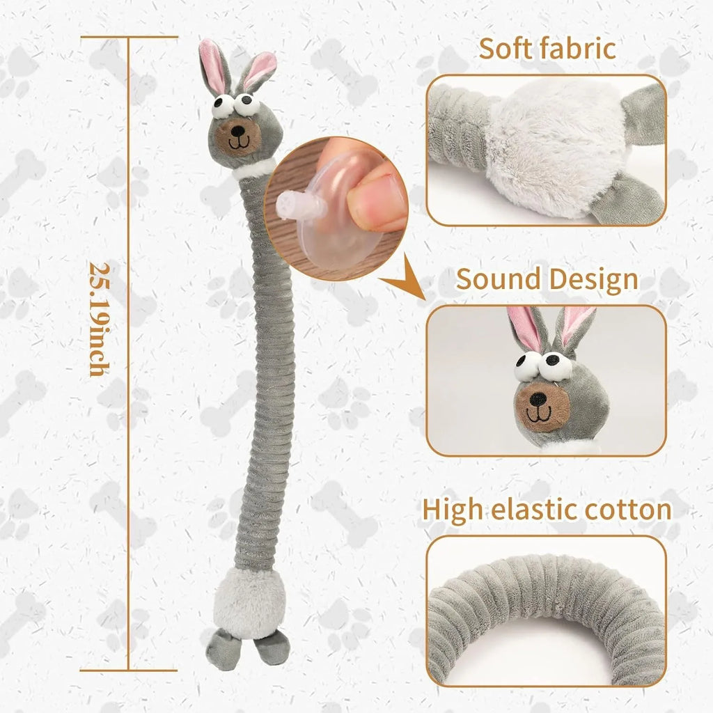 Brown, grey, and yellow plush stuffed dog toys with a squeaker and foldable design
