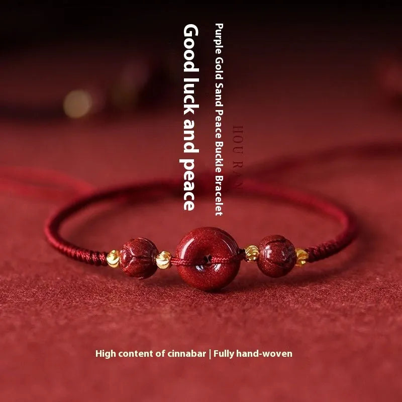 Cinnabar safety buckle bracelet with heart-shaped pendant on adjustable rope cord