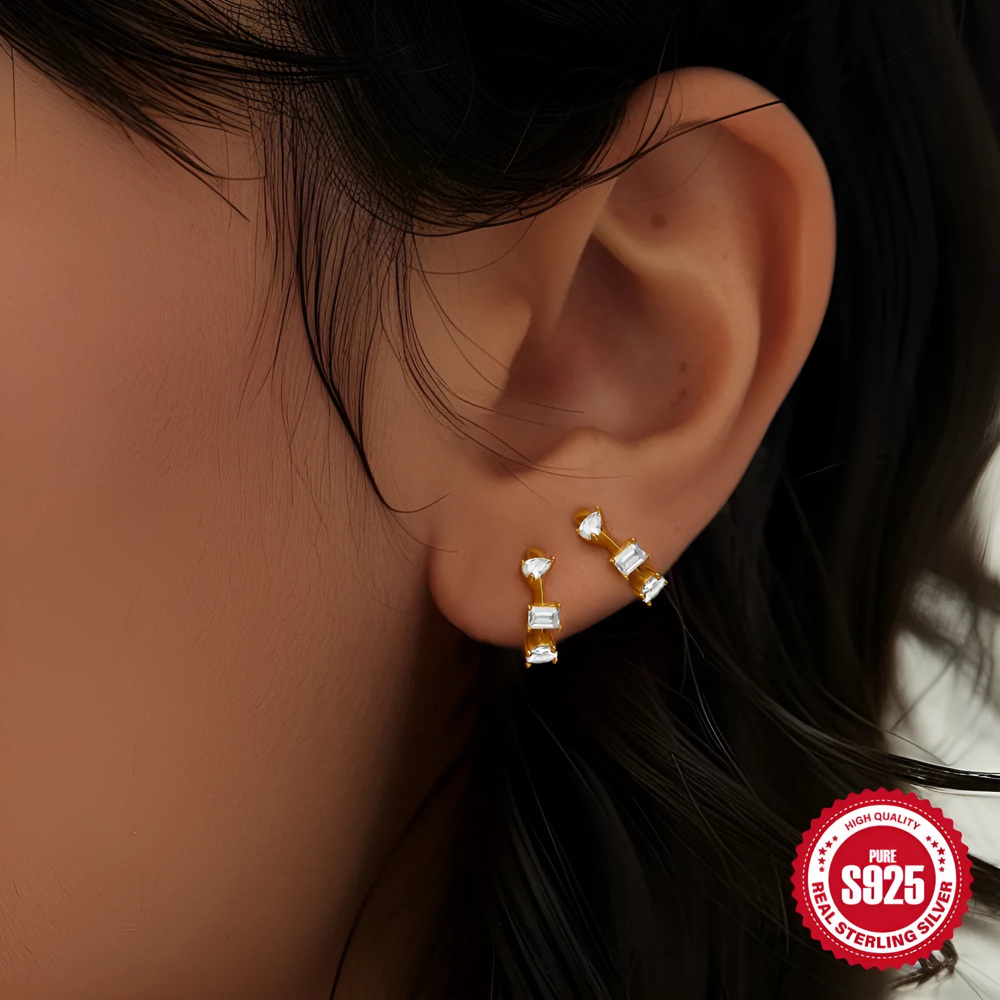 Sterling silver geometric stud earrings with small round diamond accent in gold or silver finish