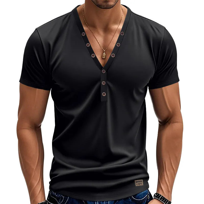 Men's loose fit solid colour V-neck pullover top with button detailing on the front.