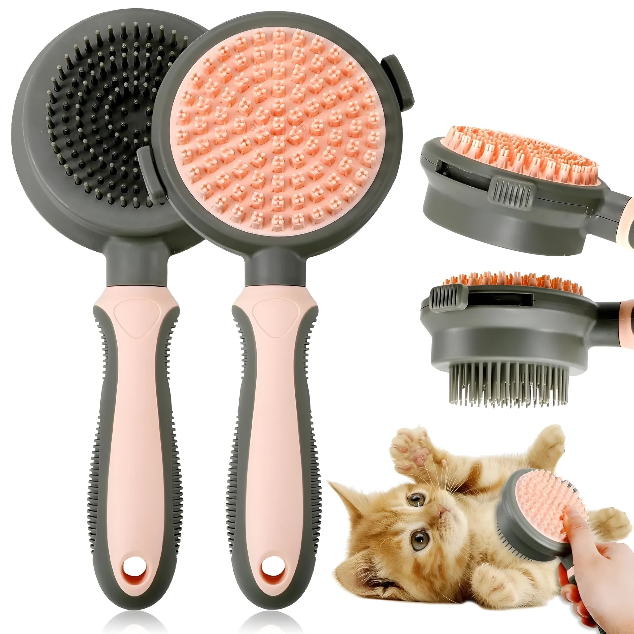Double-sided cat grooming brush with release button in green and pink colour options