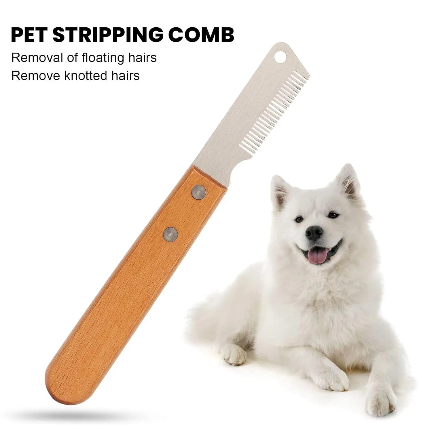 Pet grooming comb with wood handle and metal teeth for removing floating hair from dogs and cats