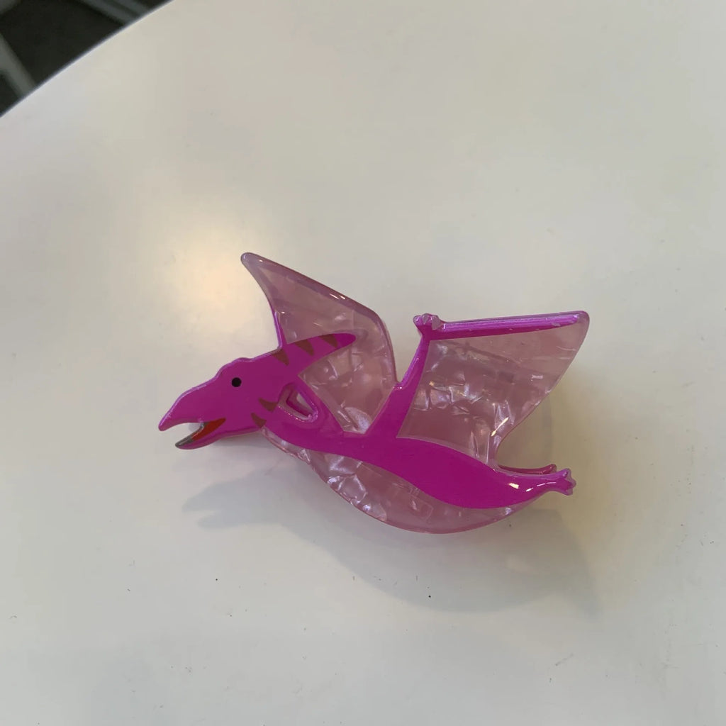 Colourful dinosaur acrylic jaw hair grip clip showing six design variations