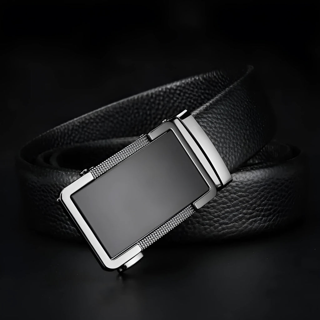 Men's leather automatic buckle belt in gun black, silver, or gold colour, showing the comfort click mechanism.