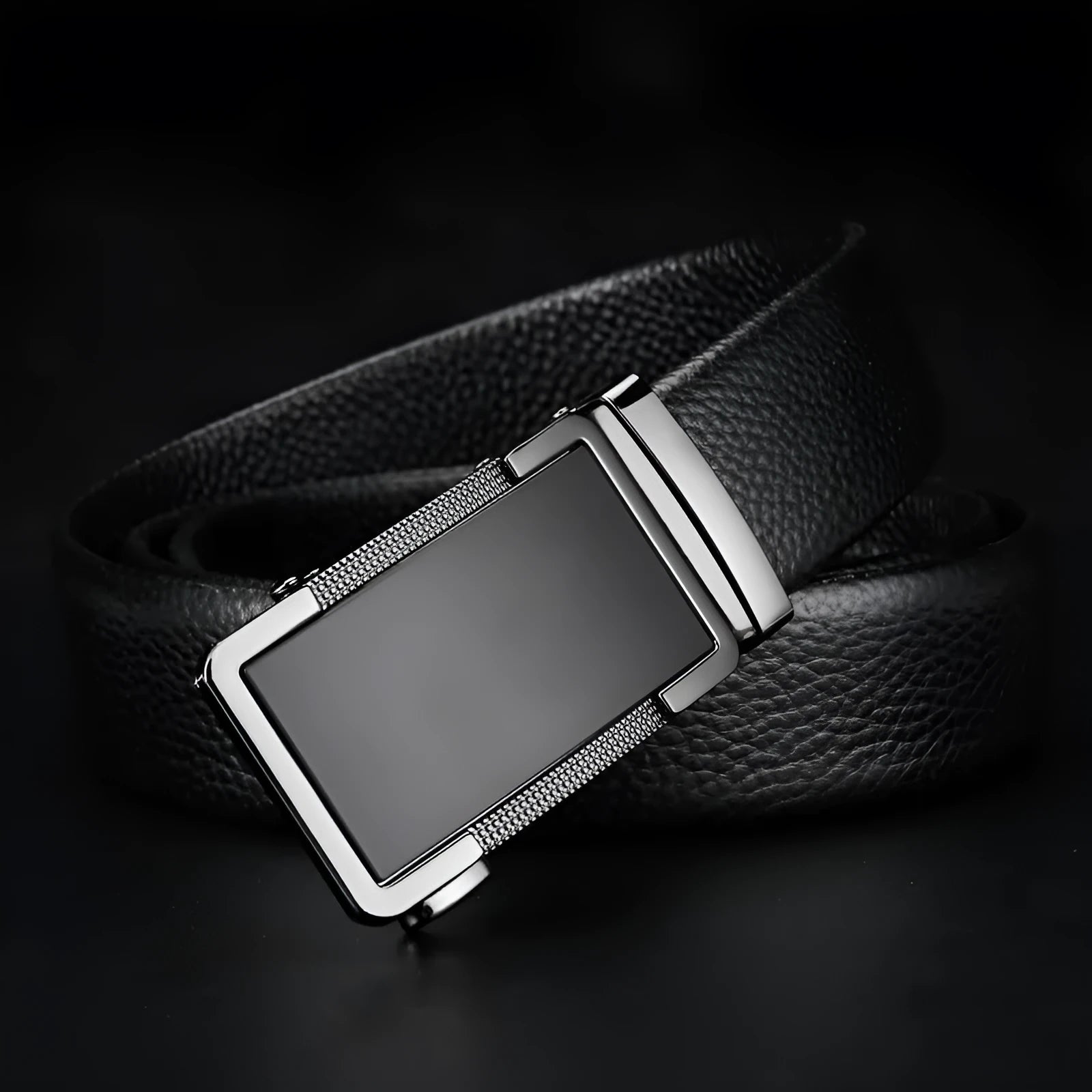 Men's leather automatic buckle belt in gun black, silver, or gold colour, showing the comfort click mechanism.