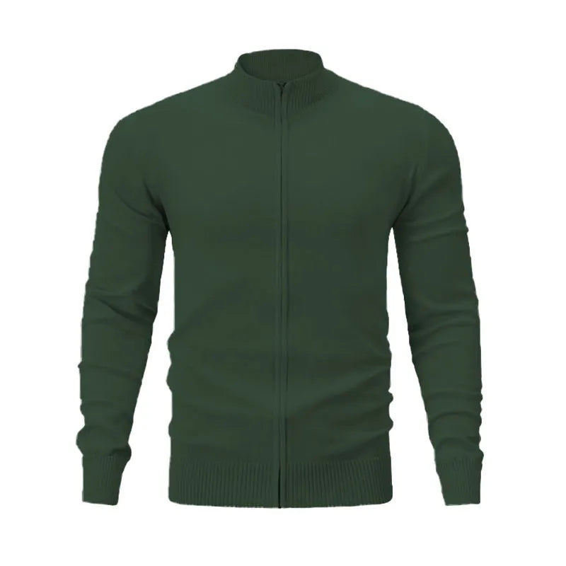 Man wearing a zip-front cotton cardigan in a solid colour, showcasing the stand collar and loose fit.
