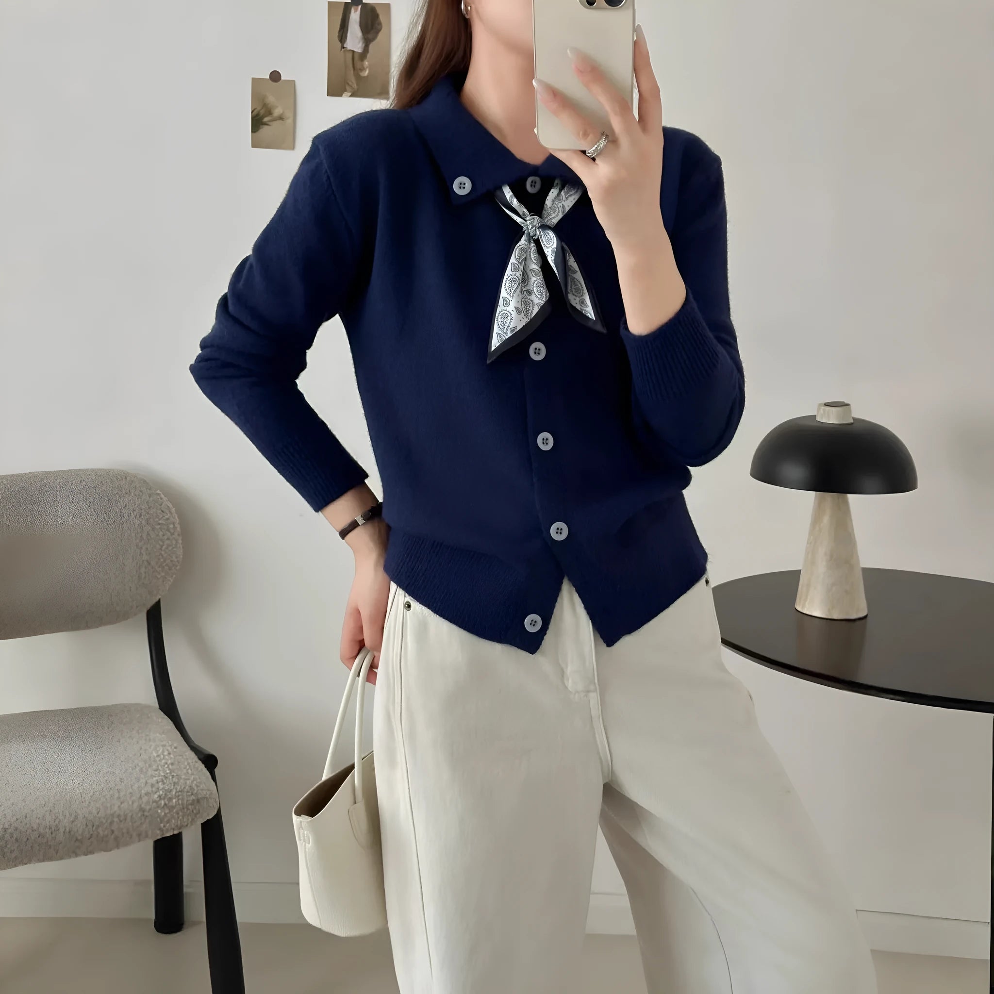 Women's lapel scarf sweater cardigan in acrylic fibre available in four neutral colours