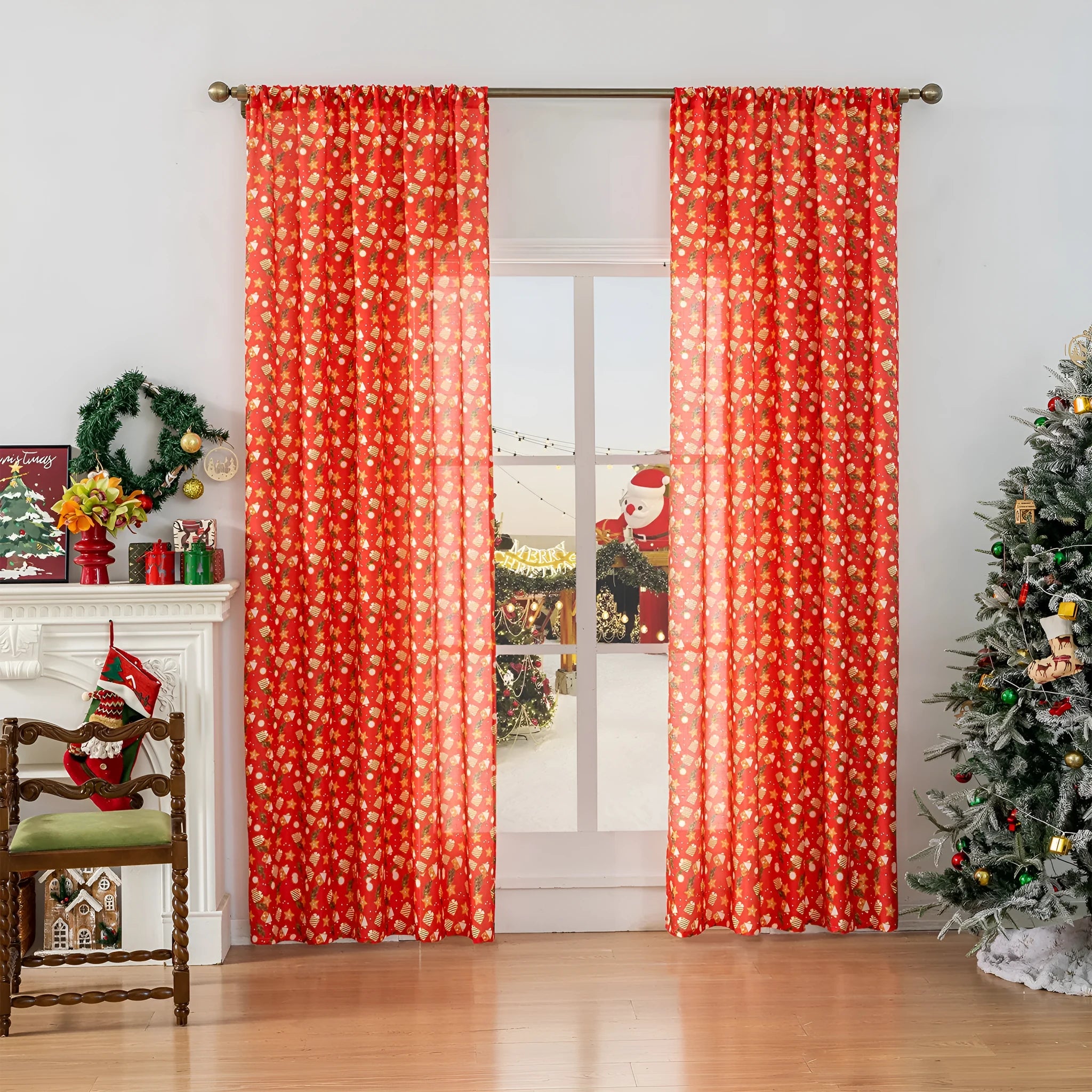 Christmas curtain with cartoon snowman and angel print in red colour