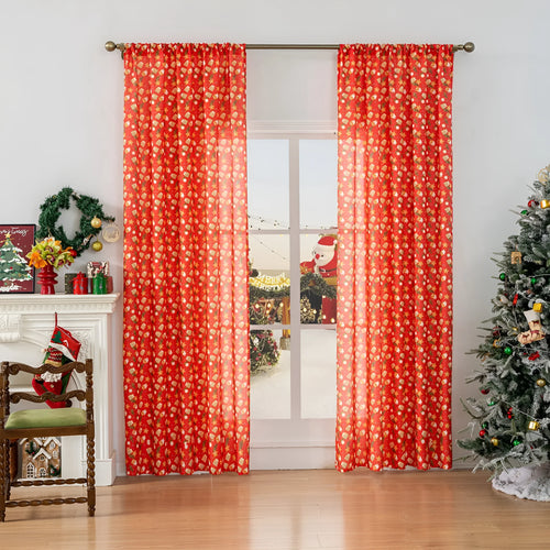 Christmas curtain with cartoon snowman and angel print in red colour