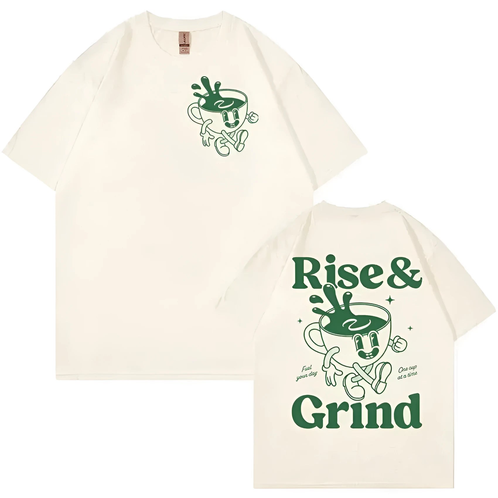 Cartoon Rise and Grind Green Coffee print on a loose-fit linen blend T-shirt.