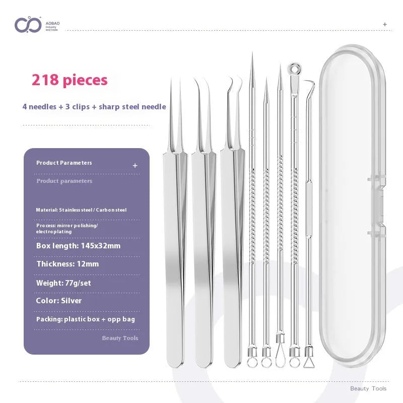 Four-piece metal acne needle set with ultra-fine pointed tips for blackhead removal